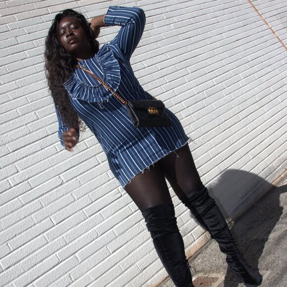 Zara - Denim Mini Stripped Dress - Picture 7 of 11